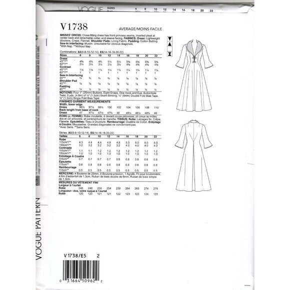 Vogue V1738 Misses 14 to 22 Circa 1948 High Collar Dress UNCUT Sewing Pattern - Picture 2 of 2